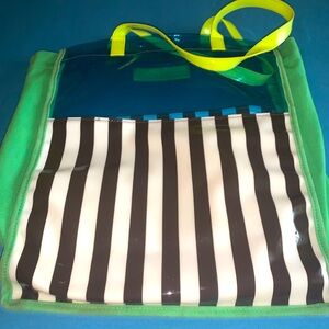 Beautiful Henri Bendel Brown and White-Striped Tote Bag with Yellow Handles.